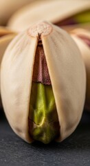 Ripe cardamom pod with green seeds and brown interior shown in a close-up view on a dark surface with additional cardamom pods blurred