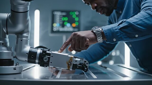 Engineer touches robotic arm finger in modern laboratory. Man interacts with robot showing collaboration. Engineer works with robotic arm. Human touches robot finger in tech laboratory setting.