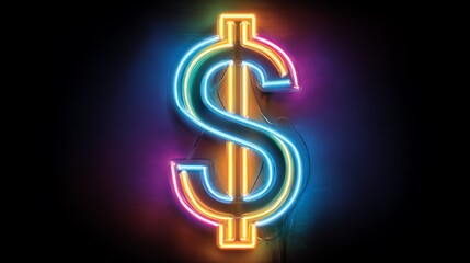 Obraz premium Colorful neon dollar sign glowing on a dark background