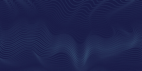 Abstract dotted waves on dark blue background. Digital illustration features rhythmic flow of light particles. Modern graphic design displays elegant abstract dotted waves for tech backdrop.