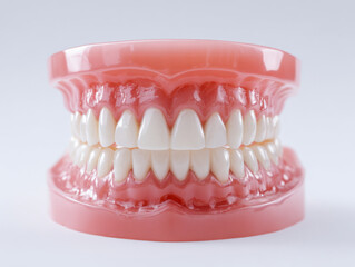 Obraz premium Realistic dental model showcasing a full set of artificial teeth and gums for educational and orthodontic purposes with a clean white background