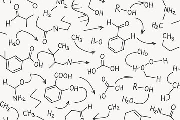 Fototapeta premium Seamless organic chemistry pattern with reaction arrows, molecular structures and chemical formulas in hand drawn black line art on light background.