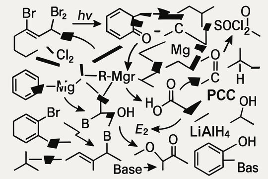 Organic chemistry reaction scheme with molecular structures, reagents and arrows, detailed scientific illustration in black and white.
