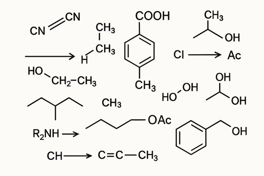 Black and white organic chemistry structures and reaction formulas including benzene ring, alcohol, amine and carboxylic acid. Scientific diagram illustration.