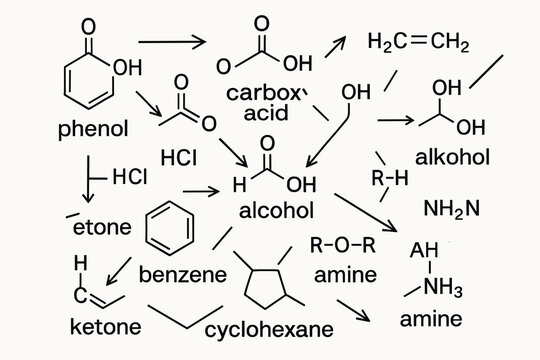 Hand drawn organic chemistry reaction scheme with phenol, benzene, alcohol, amine and carboxylic acid formulas. Scientific diagram illustration.