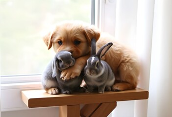 A Puppy and a Rabbit on a table