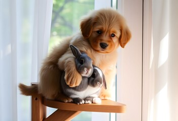 A Puppy and a Rabbit on a table