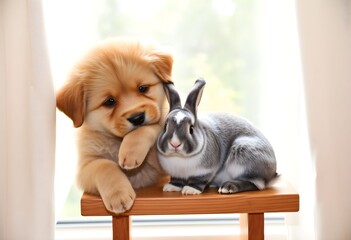 A Puppy and a Rabbit on a table