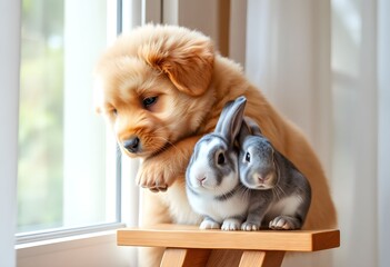 A Puppy and a Rabbit on a table