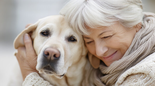 Elderly woman embracing dog in heartwarming moment, pet-owner affection, senior companionship visualization, animal human bond celebration, with copy space