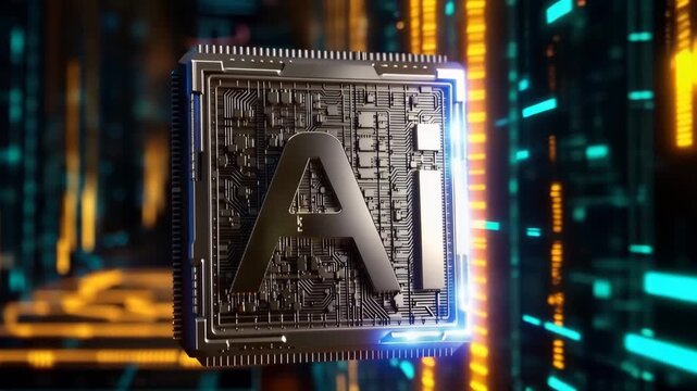 Glowing microchip with letter A on circuit board with neon lights technology concept  futuristic design