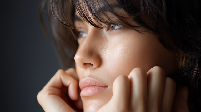 Faceless individual gazing thoughtfully with moisture glistening on skin, light accentuating contours, deep emotion reflection conveying, with copy space