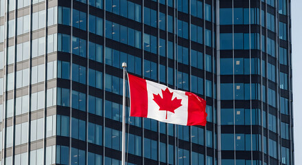 Obraz premium The Canadian flag flies proudly in front of a modern glass office building in Toronto downtown