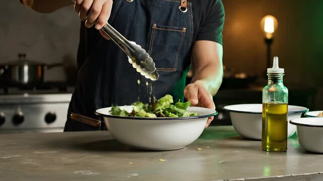 Chef mixes green salad in large white bowl. Man cooking fresh organic meal with tongs. Chef preparing healthy food in kitchen. Cooking process of mixing salad. Bowl with vegetable salad on table.