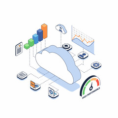 Obraz premium Isometric illustration of cloud computing infrastructure with data analytics, business processes, and high-performance indicators.