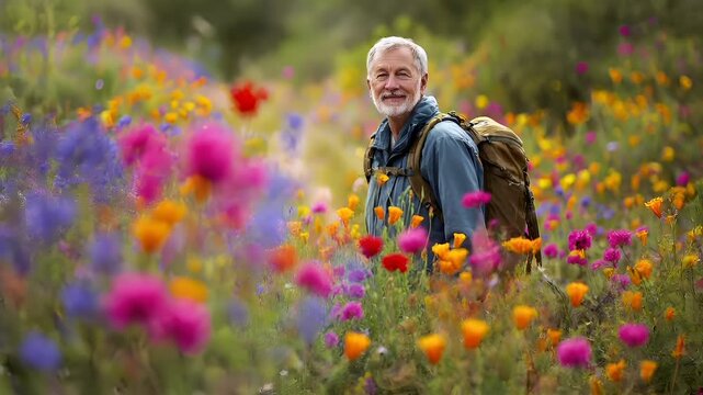 Explore adventure journey achievement outdoor in National Park. A man with a backpack standing in a field of vibrant flowers. The background is slightly blurred, emphasizing the man and the flowers.