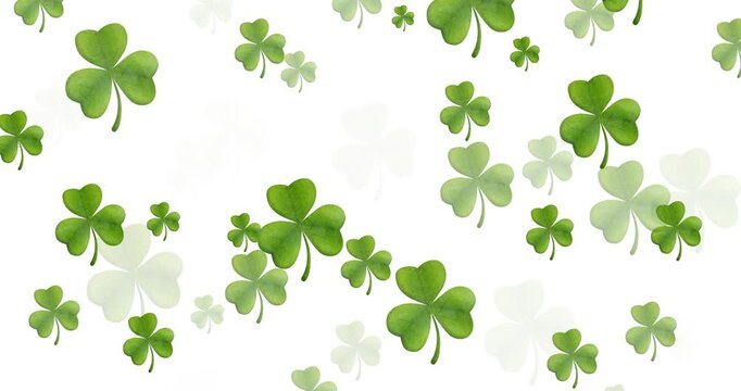 Digital animation of multiple clover leaves floating against white background
