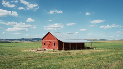 Obraz premium Red Barn Stands Alone in Open Field With Blue Sky and Clouds Under Midday Sun