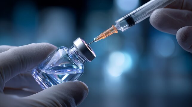 Close-up of syringe drawing liquid from vaccine vial in medical setting