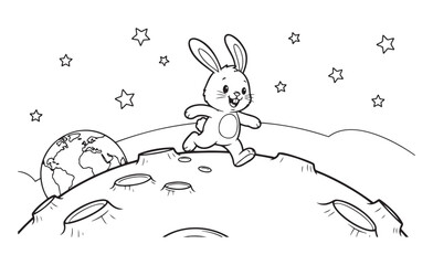 Coloring page: rabbit running on moon surface with Earth and stars &mdash; ideal for space-themed children&rsquo;s activity and astronomy education