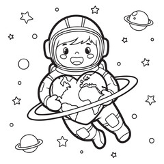 Coloring page: astronaut holding Earth in space with stars and planets &mdash; ideal for printable space education and children&rsquo;s creativity.