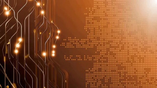 Glowing orange circuit board with wires and binary code on a gradient background  technology concept