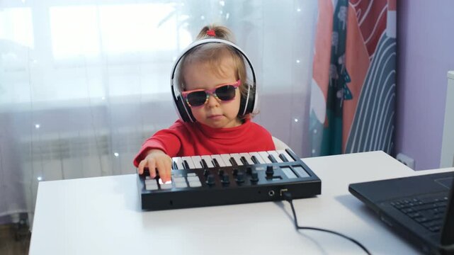 A little girl sits at a table in her home wearing headphones and sunglasses. She enjoys crafting music on a midi keyboard, shaking her head to the beat. This shows her creative process