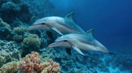 Dolphins Swim Near Undamaged Coral Reef Showcasing Ecosystem Balance in Marine Environment