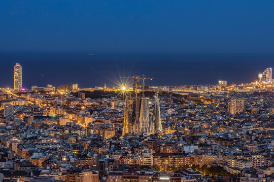 Barcelona Sagrada Familia Night Aerial View, Spain