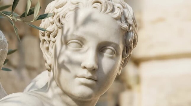 Cinematic close-up recreation of Eros marble sculpture, ancient Greek art