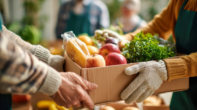 Two people exchanging a cardboard box filled with fresh fruits, vegetables, and bread while wearing warm gloves in a community or charity setting