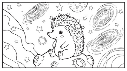 Coloring page: hedgehog on rock holding ball in space with stars and galaxies &mdash; ideal for printable fantasy activity and children&rsquo;s creativity
