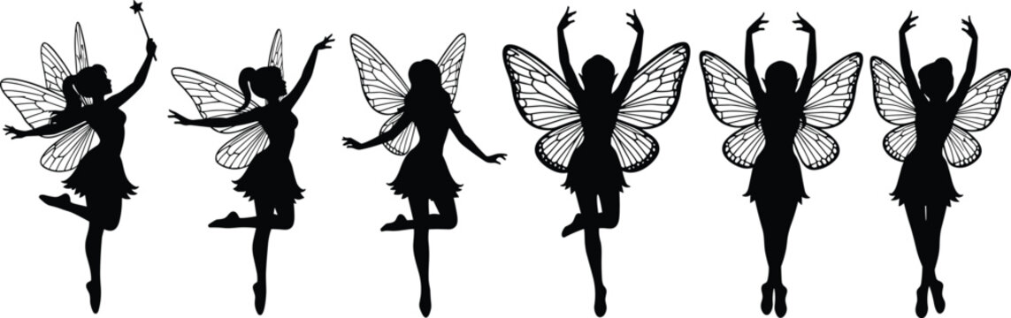 Enchanting Fairy Silhouettes Set with Elegant Wings and Magical Wands for Fantasy Design, Mythical Creature Vector Icons for Whimsical Party Decor