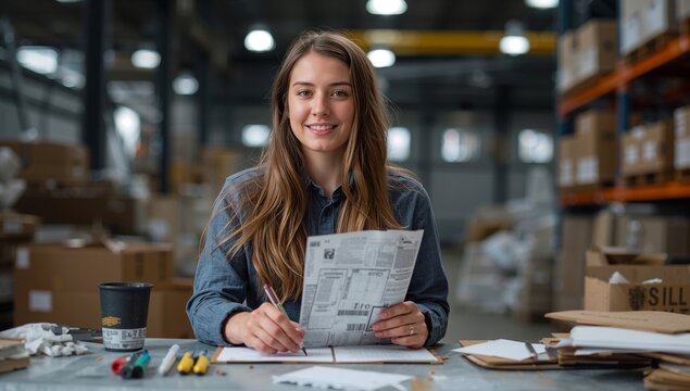 Warehouse Worker Reviewing Documents While Sitting at a Table With Boxes in the Background