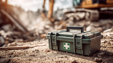 Green first aid kit box on rocky ground at construction site with blurred heavy machinery in the background on a sunny day