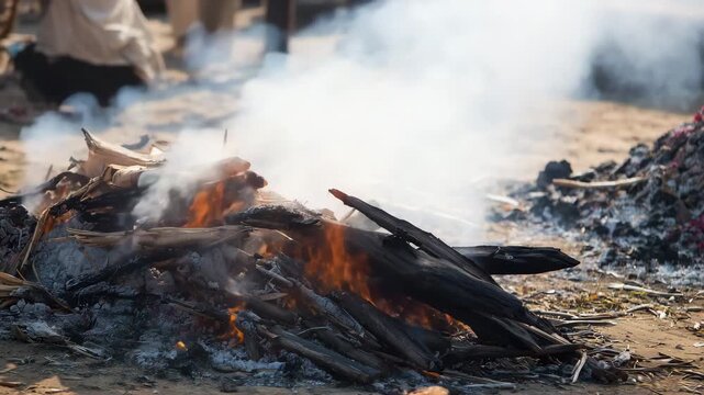 mound centered in frame, conical stack of thick logs forming a compact rounded heap, deep blackened char with visible bark cracks and broken 4K
