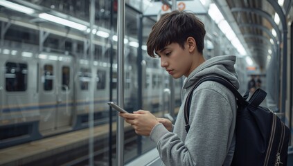 Fototapeta premium Teenager Using Smartphone While Waiting for Train at Subway Station During Evening Commute