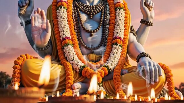 Hindu God Vishnu Shiva Deity Adorned with Garlands and Diyas