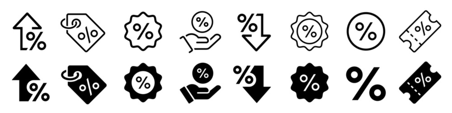 Discount promotion icon set. Percent, rate, increase, coupon, proportion, sale, badge, shopping label, tag, discount sticker symbol on white background - stock vector.