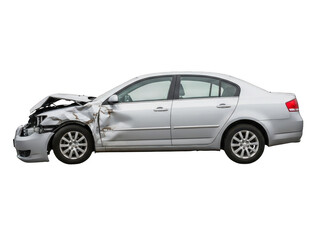 Naklejka premium Damaged Silver Sedan Car After Accident, Front End Collision Damage, Isolated on White Background