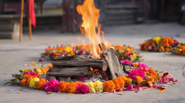 Vibrant ceremonial fire burning on pale gray concrete ground in an outdoor courtyard, stacked dry wooden logs forming a low compact bonfire, bright orange and yellow flames