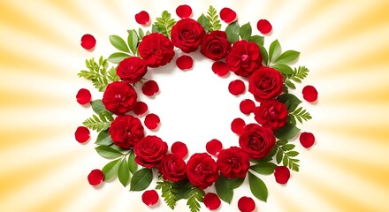 Obraz premium A beautiful wreath of red roses with green leaves and bright yellow background