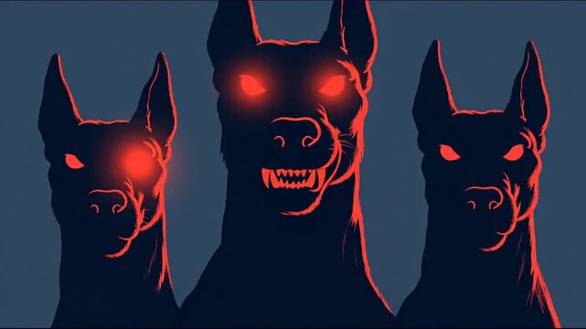 A three-headed dog, silhouetted in navy, with red eyes and red accents. Dark and foreboding