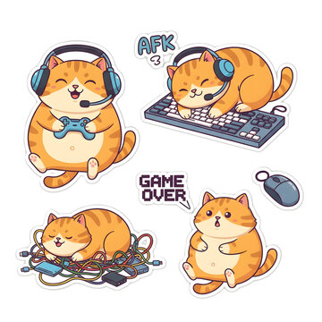 Funny Gamer Cat Sticker Sheet Playing Video Games with Headset