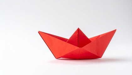 Obraz premium Red Origami Paper Boat on White Background – Minimalist Japanese Paper Folding Art