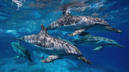 Fototapeta premium Dolphins Swim Freely in the Ocean Showcasing Their Natural Behavior Without Boundaries in a Wide Underwater Scene