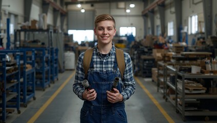 Obraz premium Young Person Stands in a Workshop Holding Microphones in a Busy Environment With Tools Around