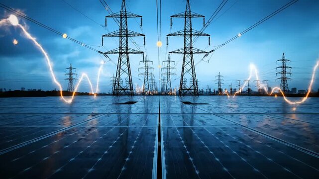 Solar panels generate electricity with wave animation near power towers. Energy flows from solar panels to transmission towers. Power grid connects solar energy through glowing electricity waves at du