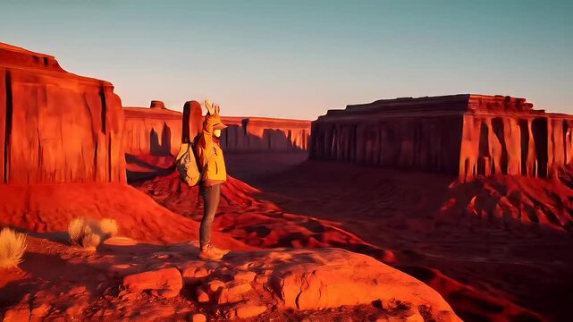 Explore adventure journey achievement outdoor in National Park. A man standing atop a rocky outcrop in the desert, his arms outstretched, wearing a hat and a backpack.