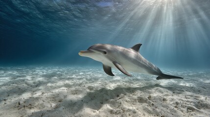 Fototapeta premium Dolphin Swims Above a Sandy Seabed in Shallow Water With Natural Light Patterns Creating an Underwater Scene